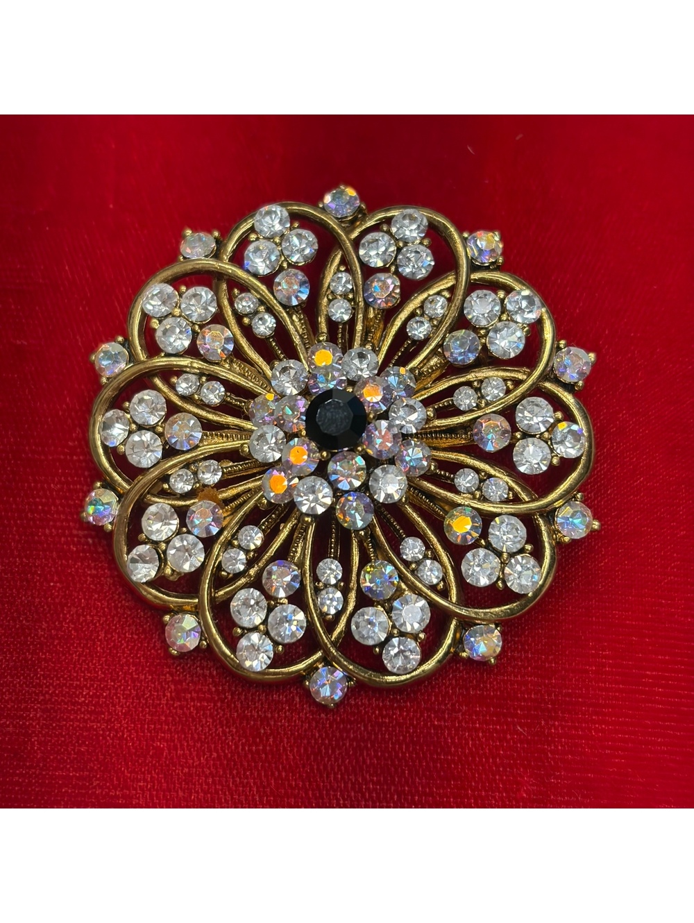 Aurora borealis rhinestone flower pinwheel brooch vintage 80s/90s